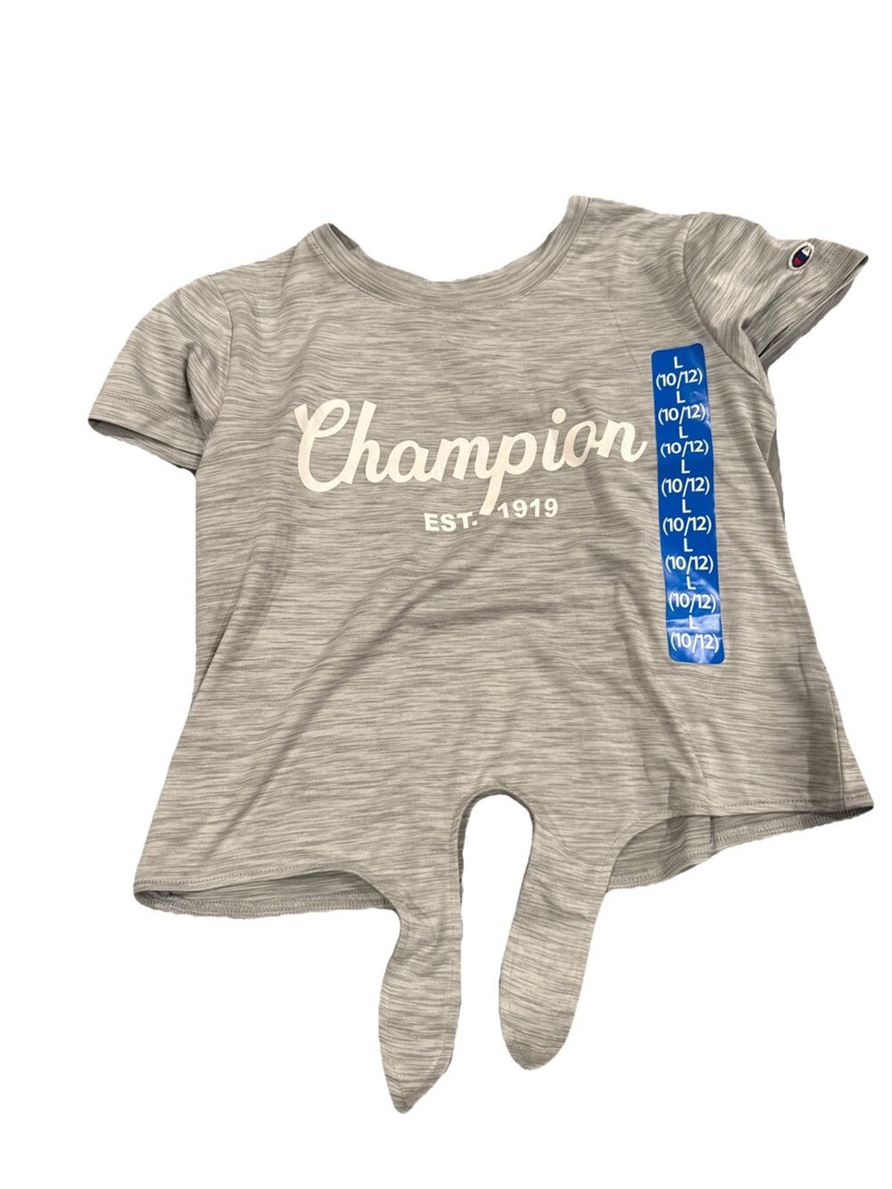 Champion Girls Large 10/12 Gray Graphic T Shirt Tie Front Short Sleeve NWT